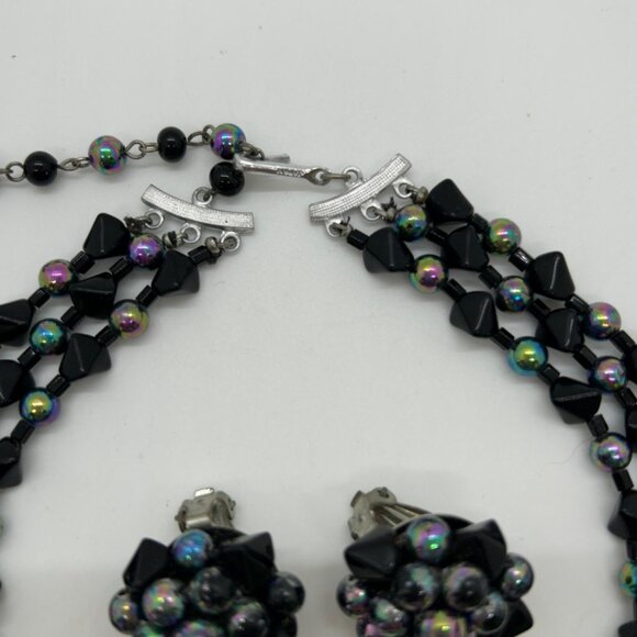 Vintage Japan Black Iridescent Bead Necklace Clip-On Earrings Set Elegant READ - Picture 3 of 14